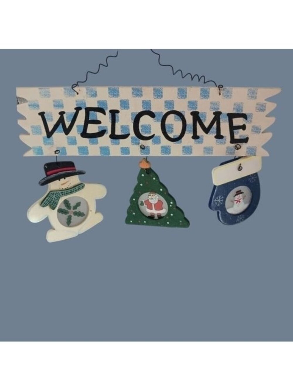 Christmas Welcome Wall Hanging w/Snowman Tree & Stocking  Holiday Décor